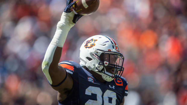 Auburn Tigers defensive lineman Derick Hall (29) celebrates his interception as Auburn Tigers take on Missouri Tigers at Jordan-Hare Stadium in Auburn, Ala., on Saturday, Sept. 24, 2022.
